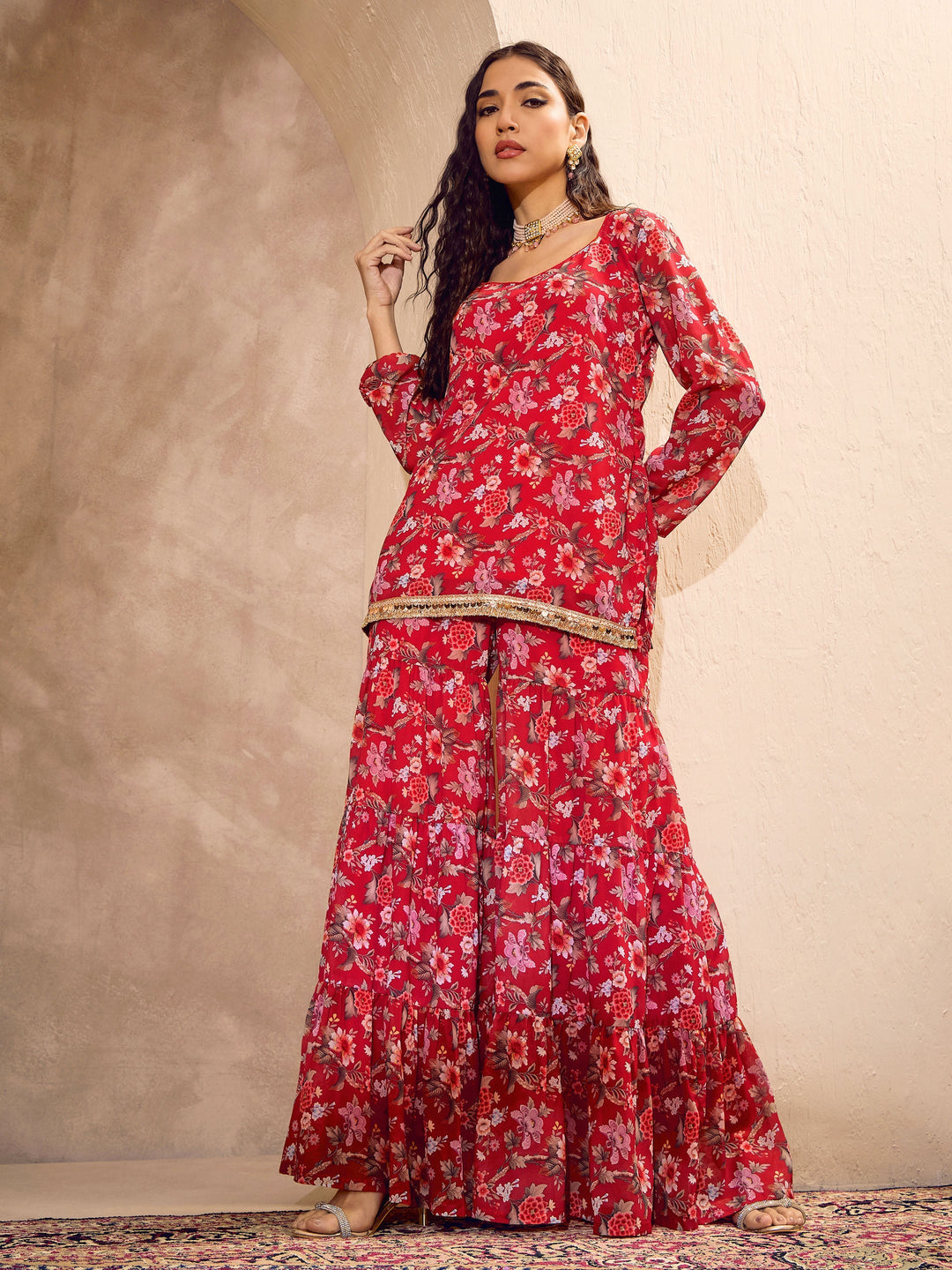 Women's Women Red Floral Short Kurta With Tiered Sharara in Georgette by Shae for wholesale, bulk, supplier, manufacturer and wholesaler buyers from Trendphoria