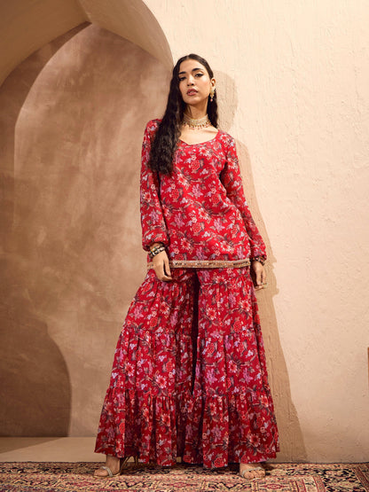 Red Floral Short Kurta With Tiered Sharara-Shae by SASSAFRAS