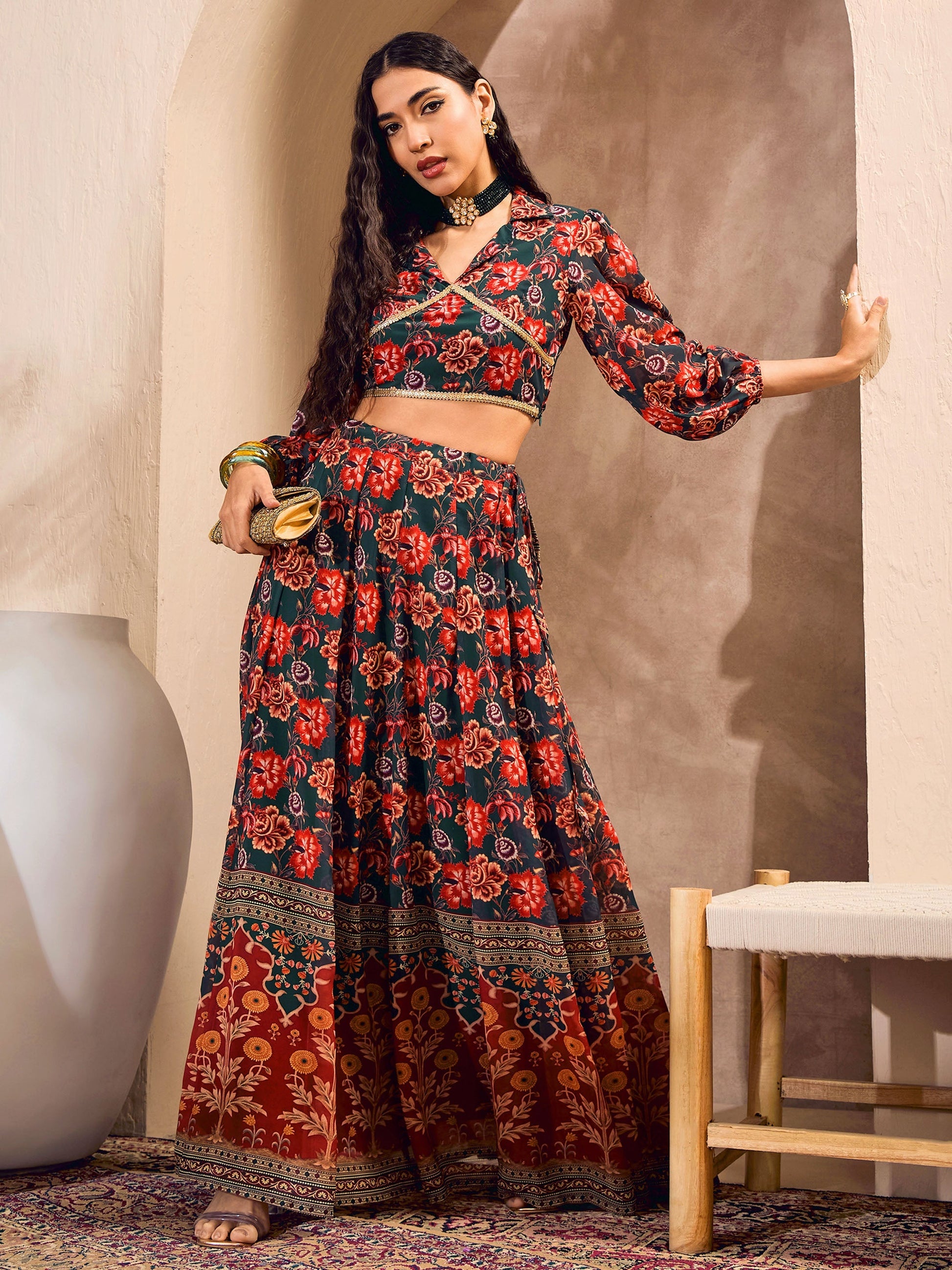 Women's Women Green Floral Collar Crop Top With Anarkali Skirt in Georgette by Shae for wholesale, bulk, supplier, manufacturer and wholesaler buyers from Trendphoria