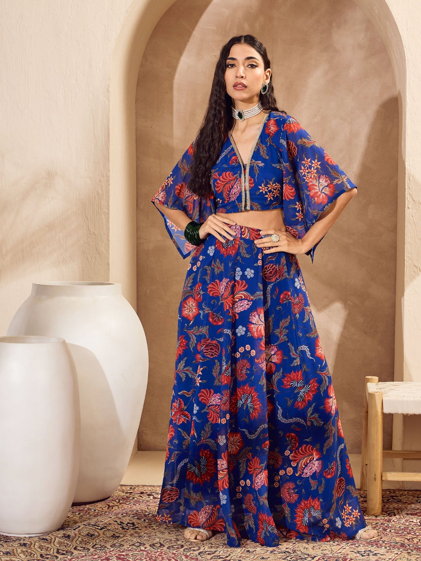 Women's Women Blue Floral V Neck Crop Top With Anarkali Skirt in Georgette by Shae for wholesale, bulk, supplier, manufacturer and wholesaler buyers from Trendphoria