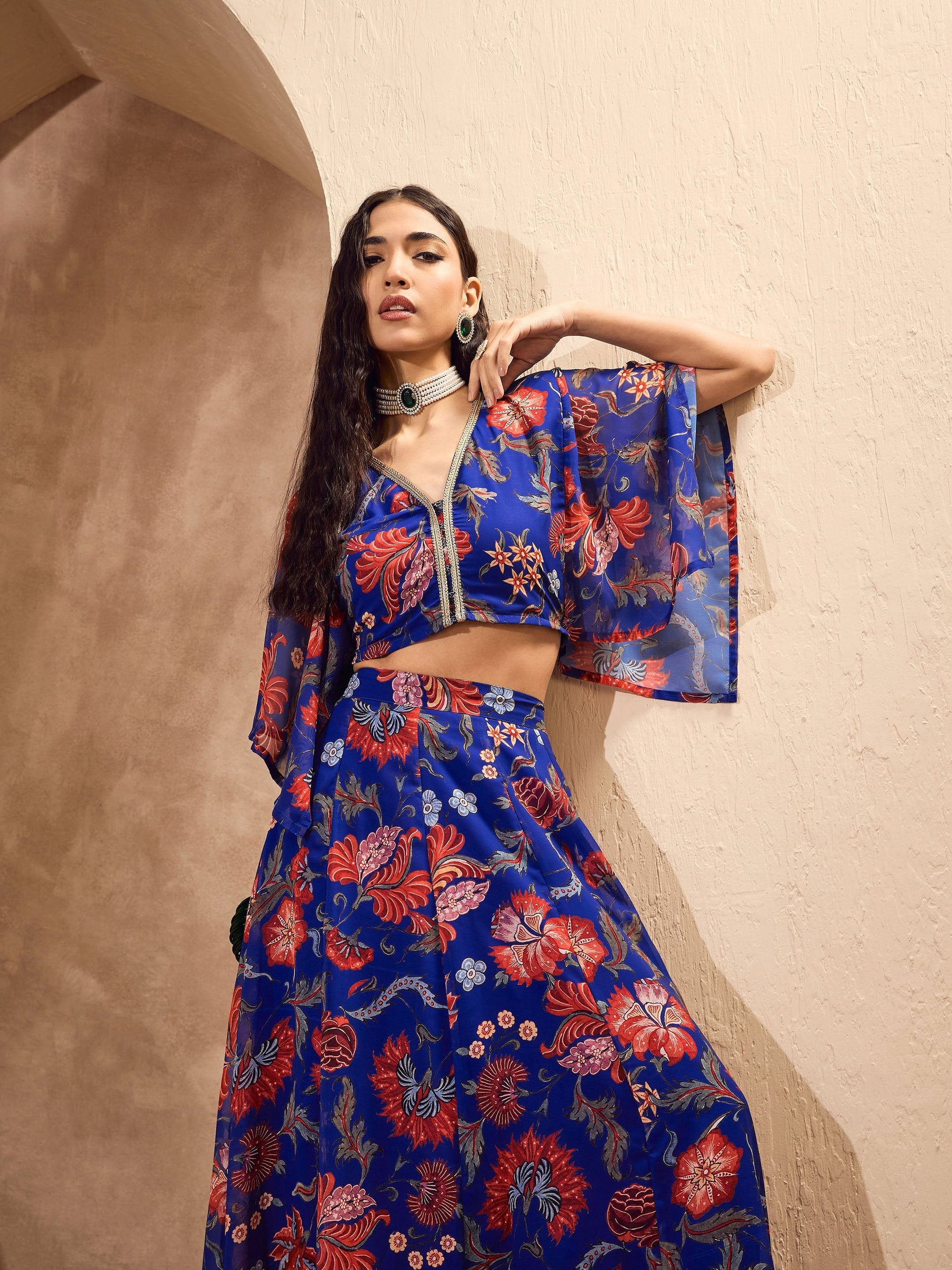 Blue Floral V Neck Crop Top With Anarkali Skirt -Shae by SASSAFRAS