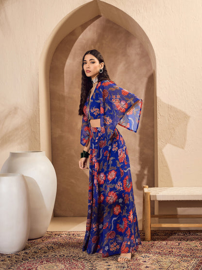 Blue Floral V Neck Crop Top With Anarkali Skirt -Shae by SASSAFRAS