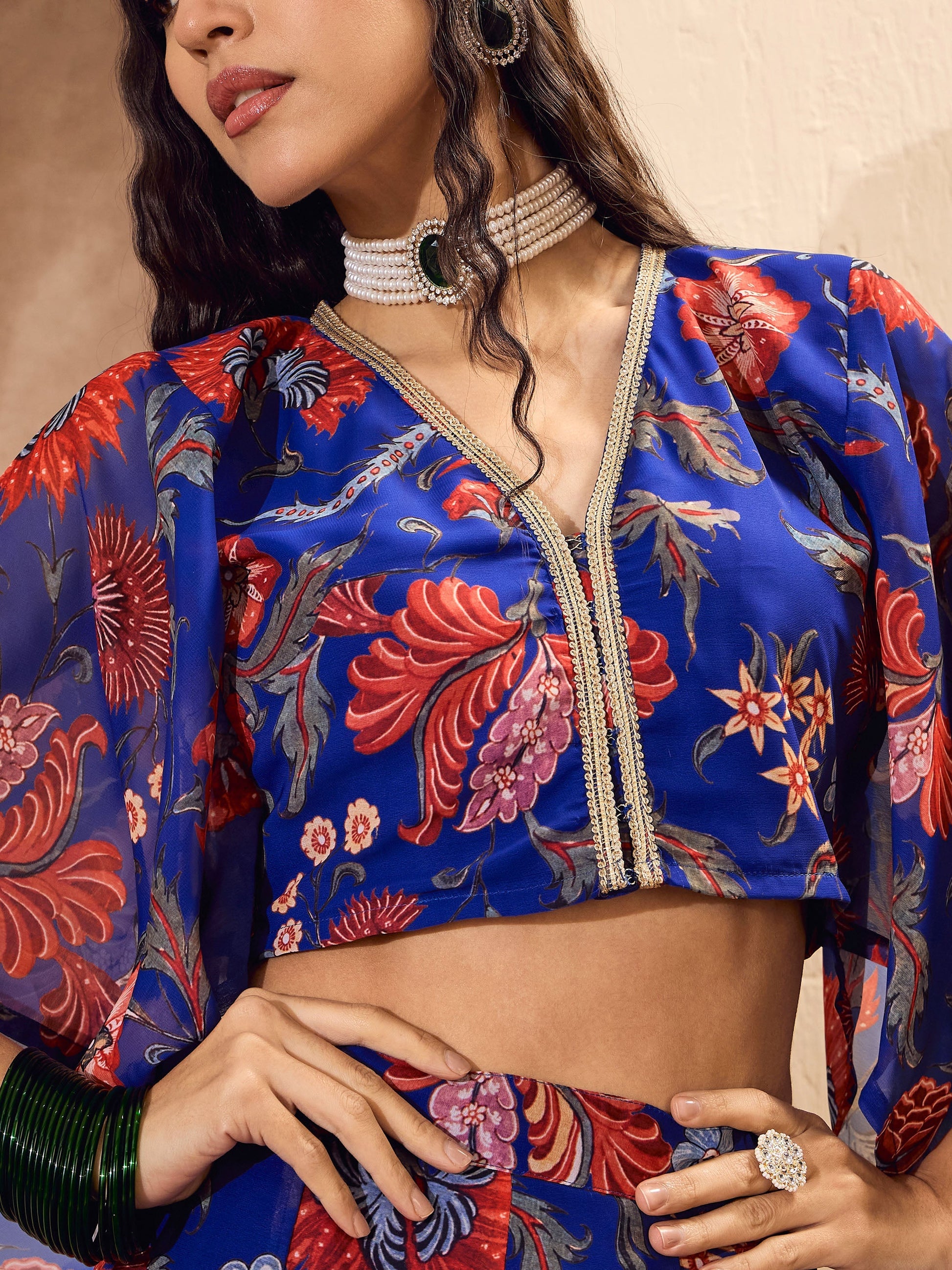 Blue Floral V Neck Crop Top With Anarkali Skirt -Shae by SASSAFRAS