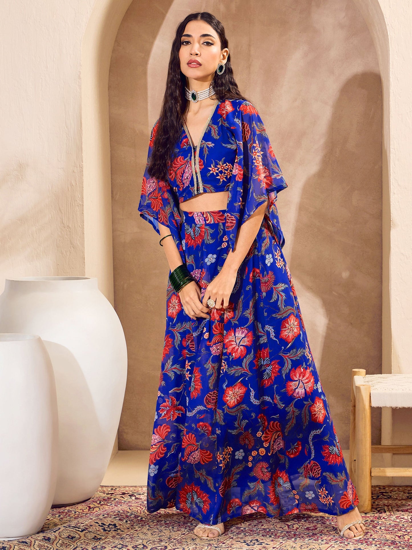 Blue Floral V Neck Crop Top With Anarkali Skirt -Shae by SASSAFRAS