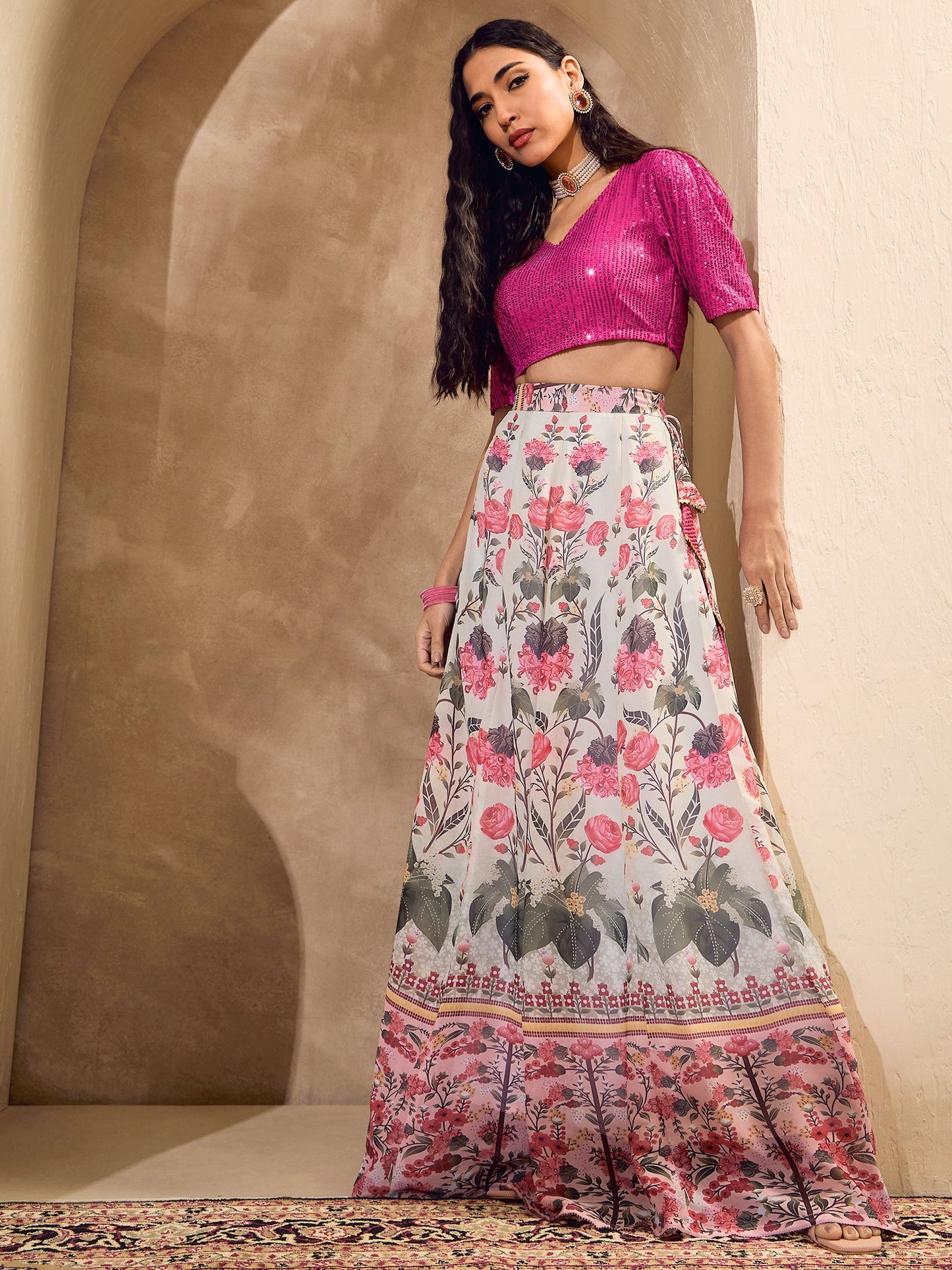 Pink Sequins Crop Top With Floral Anarkali Skirt