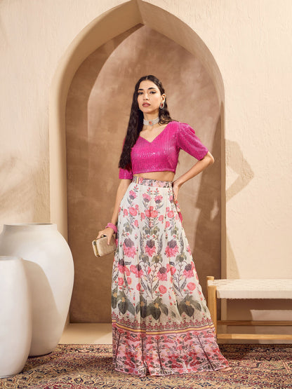 Pink Sequins Crop Top With Floral Anarkali Skirt