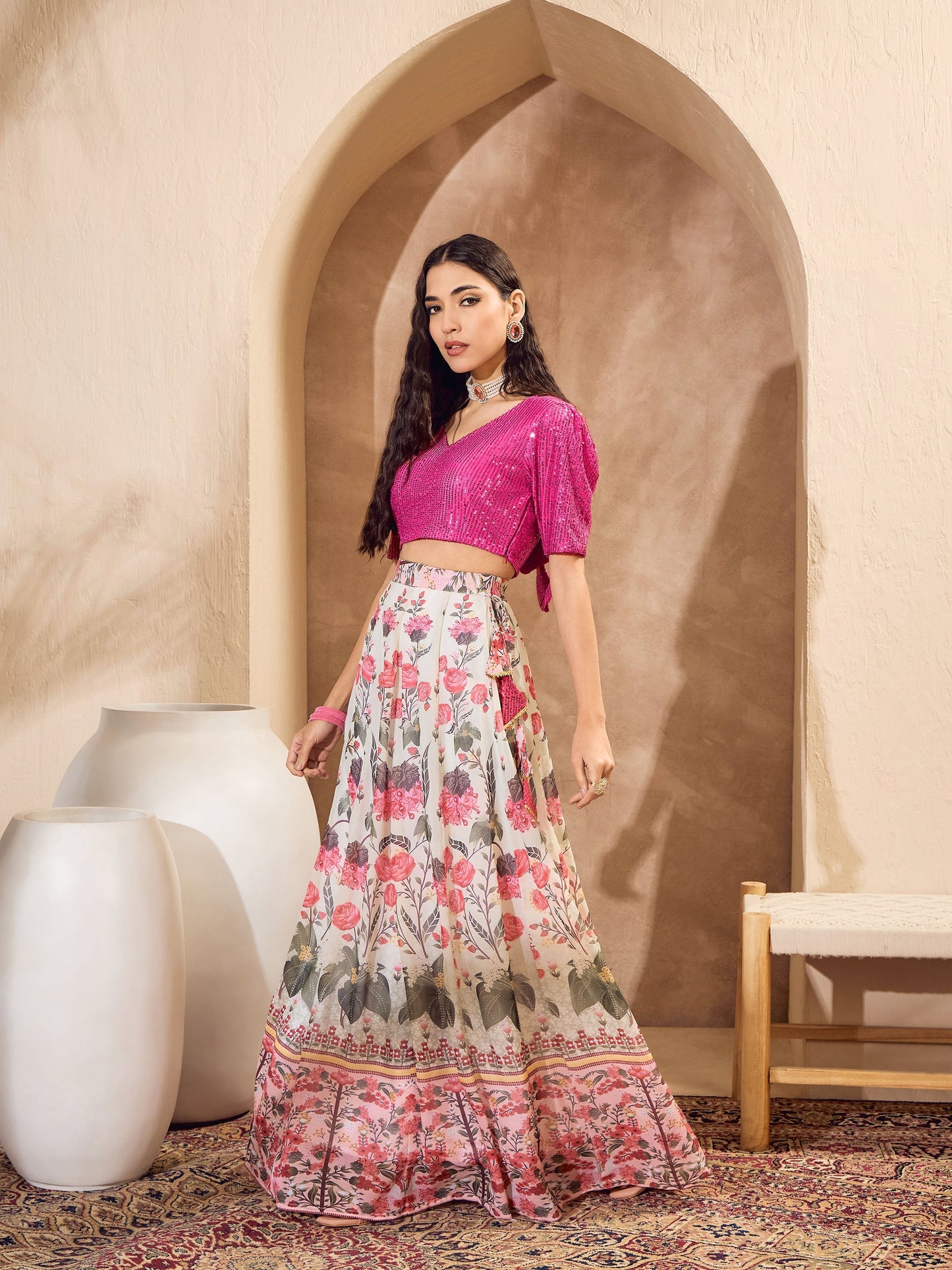 Pink Sequins Crop Top With Floral Anarkali Skirt