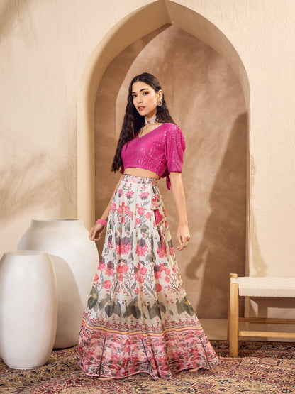 Pink Sequins Crop Top With Floral Anarkali Skirt