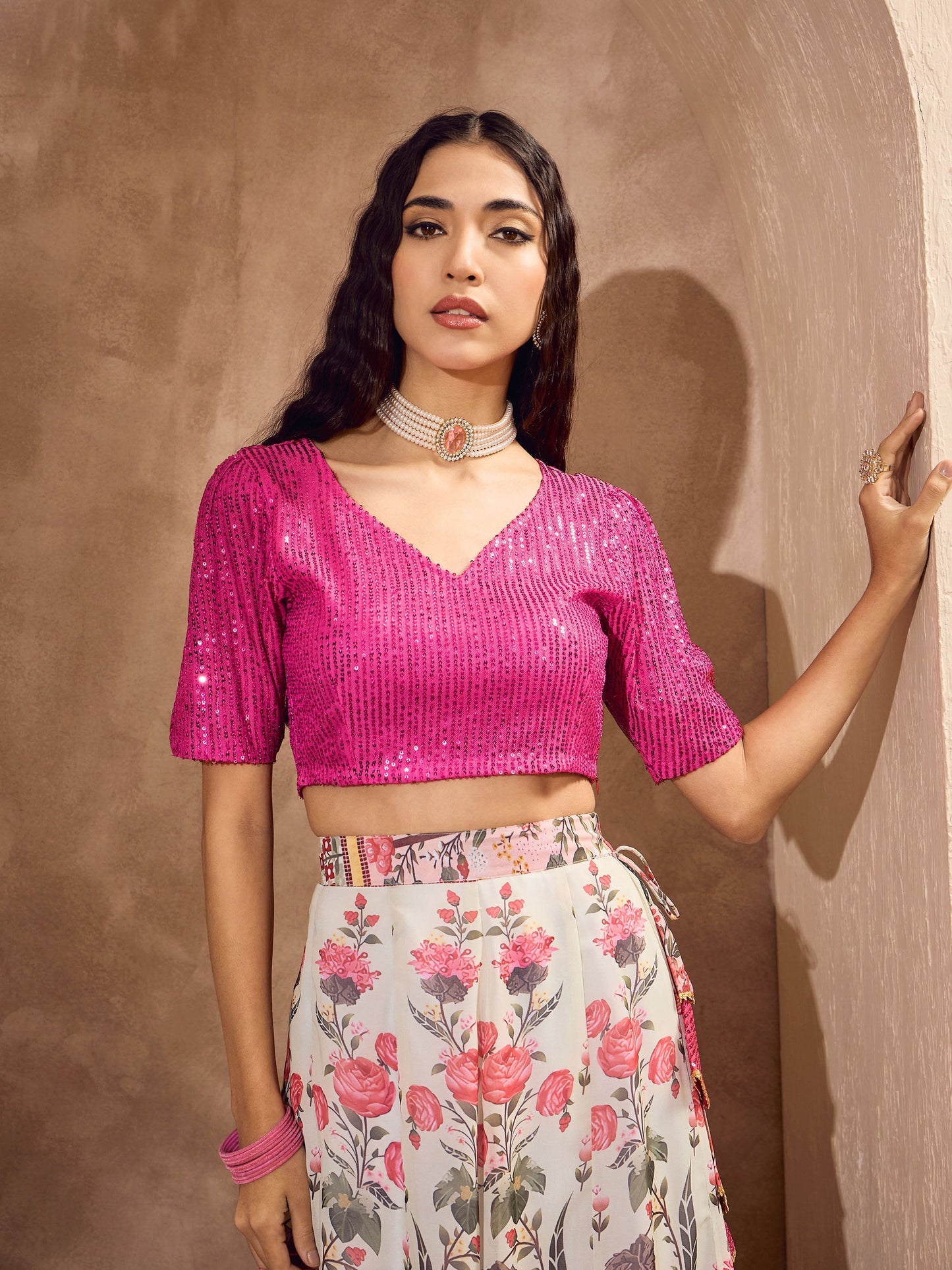 Pink Sequins Crop Top With Floral Anarkali Skirt