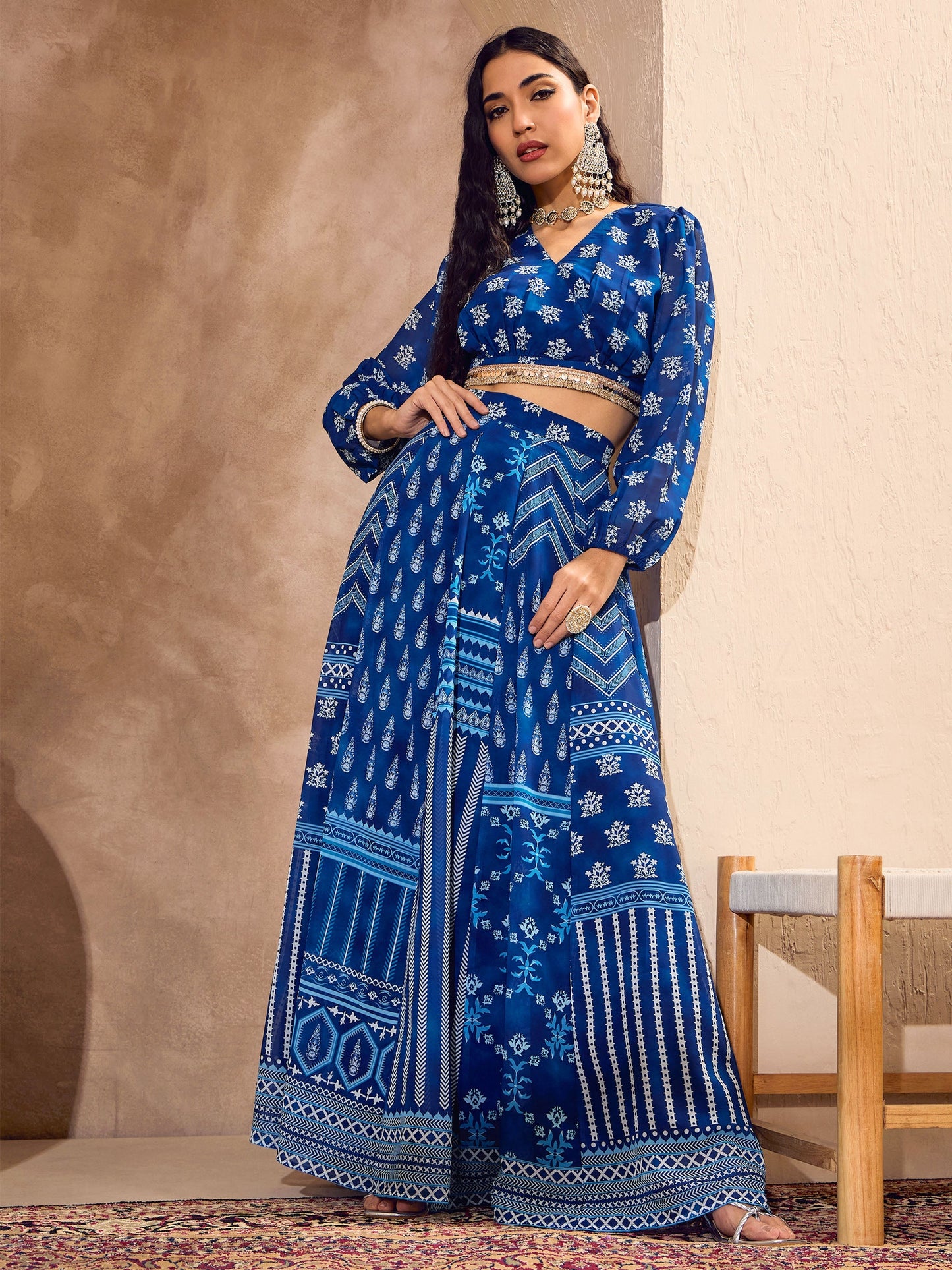 Blue Floral Wrap Crop Top With Anarkali Skirt