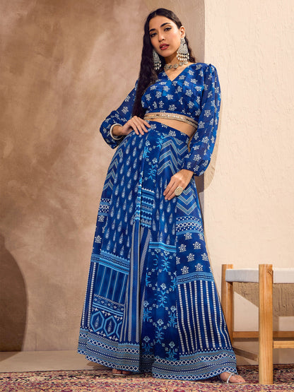 Blue Floral Wrap Crop Top With Anarkali Skirt