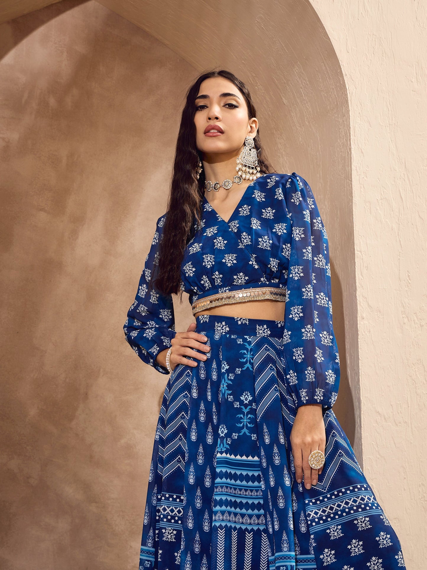 Blue Floral Wrap Crop Top With Anarkali Skirt