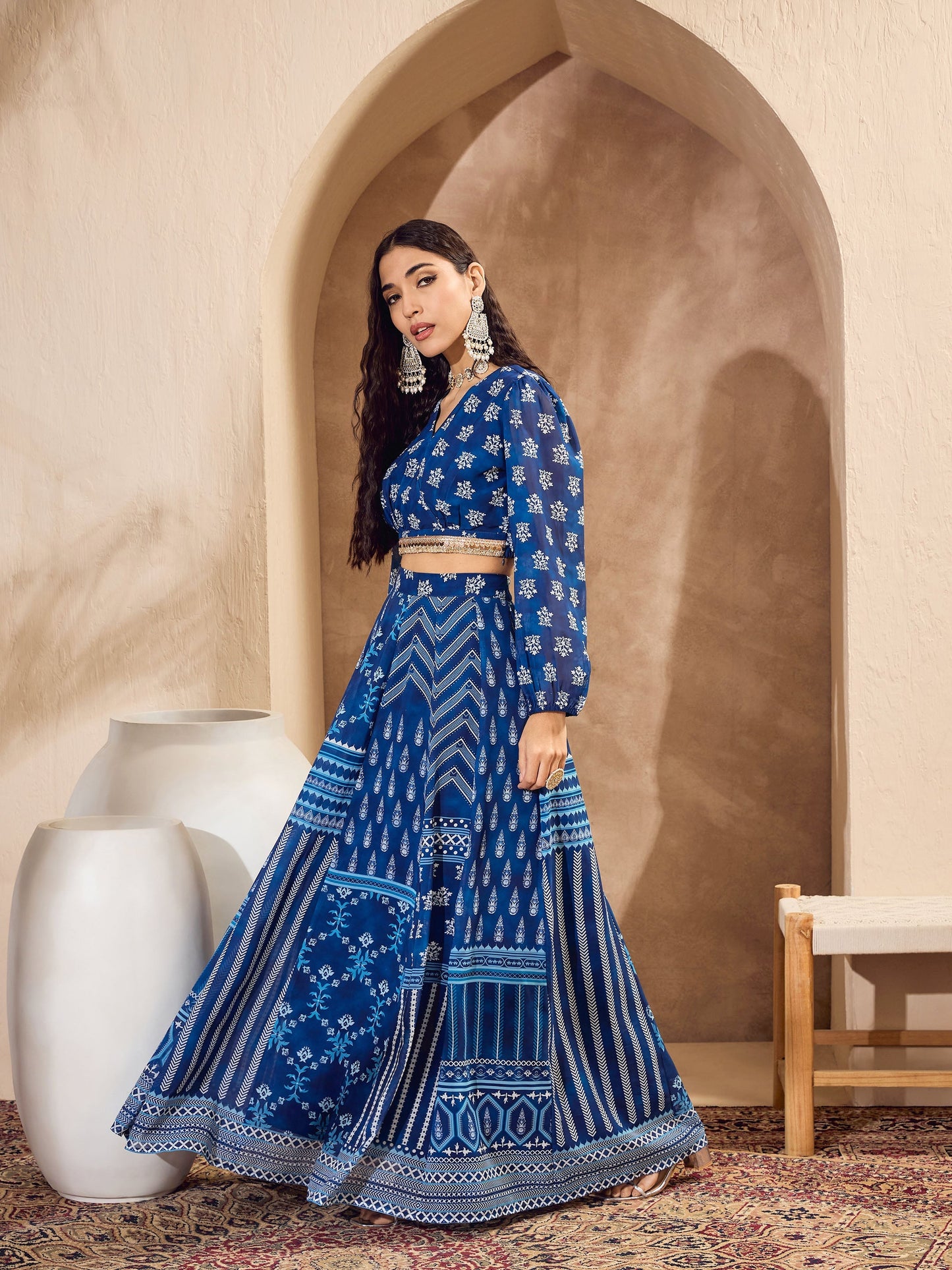 Blue Floral Wrap Crop Top With Anarkali Skirt