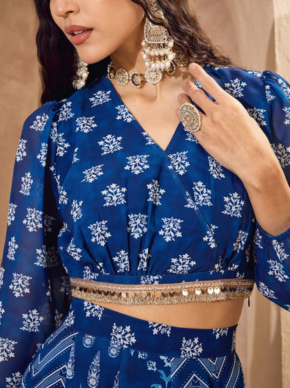 Blue Floral Wrap Crop Top With Anarkali Skirt