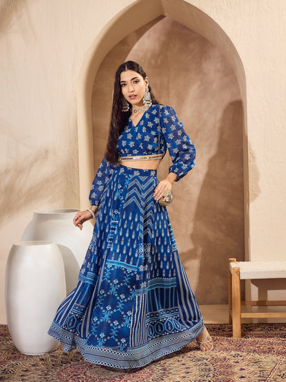 Blue Floral Wrap Crop Top With Anarkali Skirt