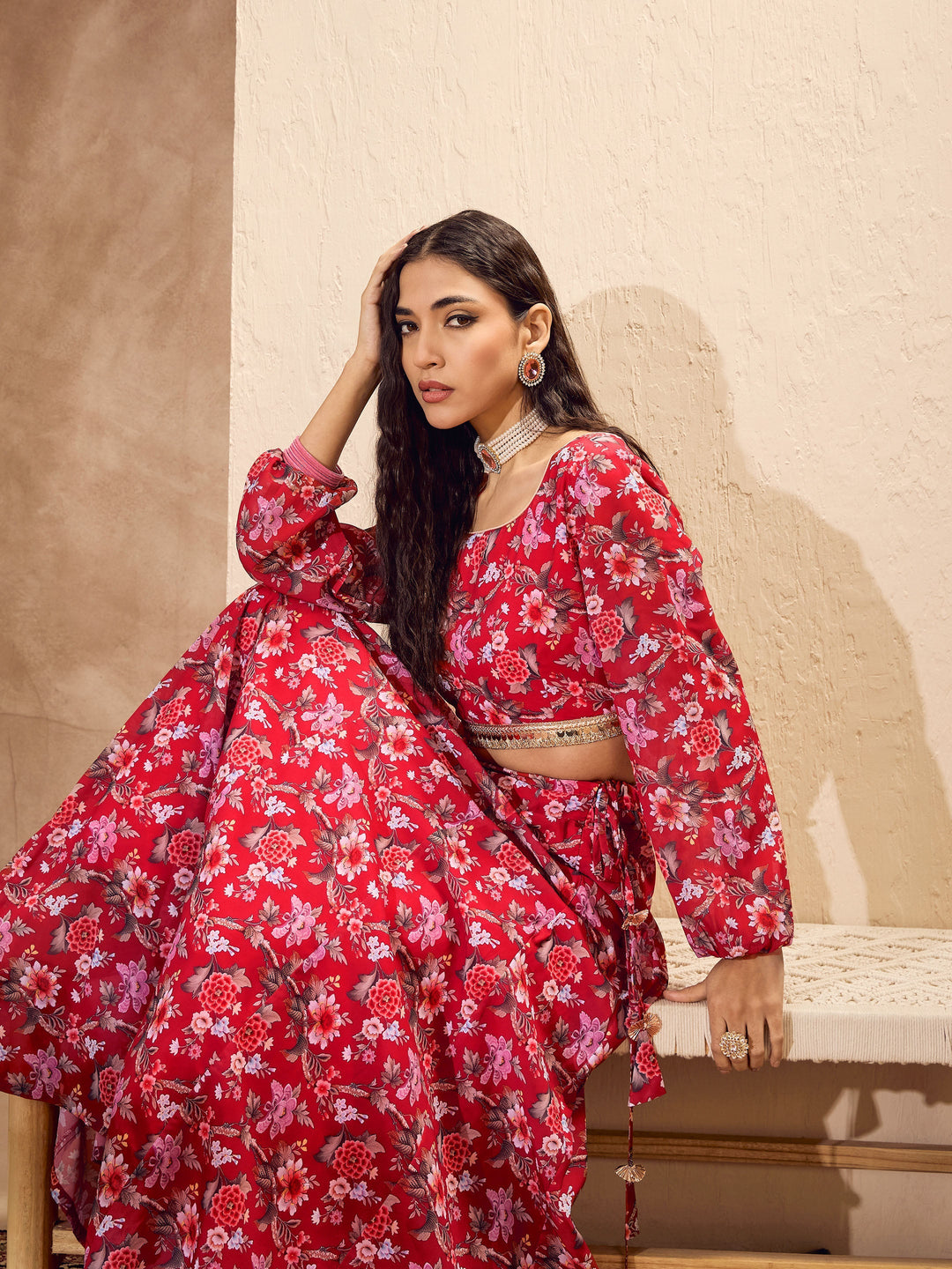 Red Floral Round Neck Crop Top With Anarkali Skirt-Shae by SASSAFRAS