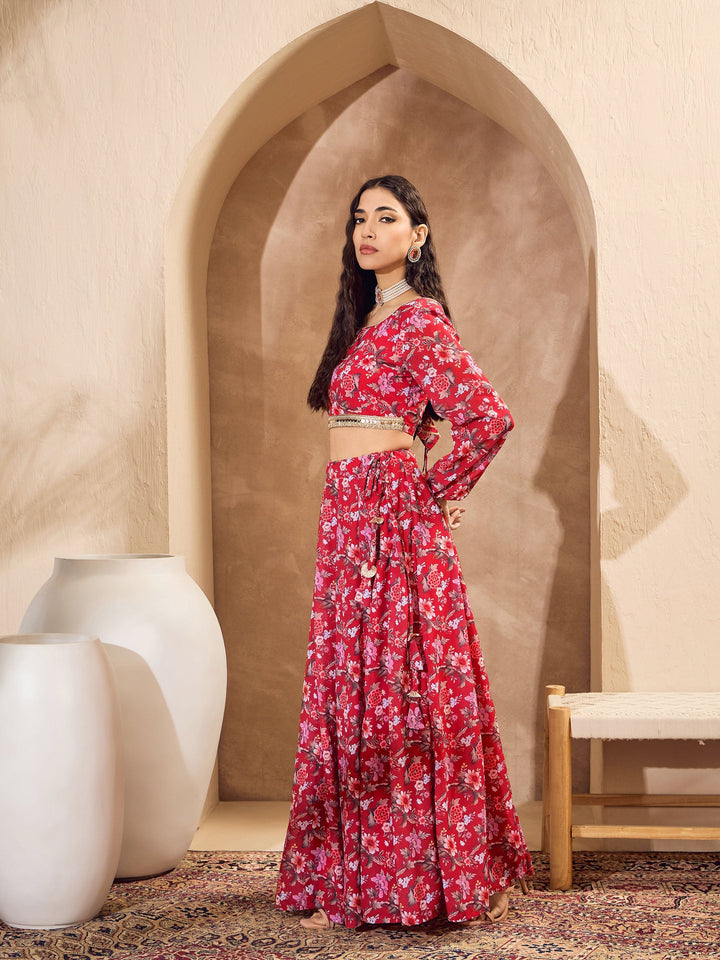 Red Floral Round Neck Crop Top With Anarkali Skirt-Shae by SASSAFRAS