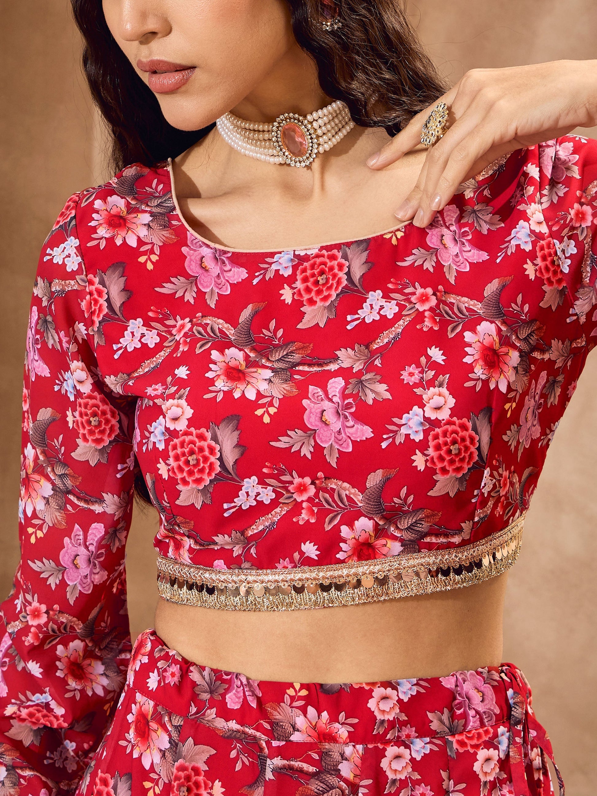 Red Floral Round Neck Crop Top With Anarkali Skirt-Shae by SASSAFRAS