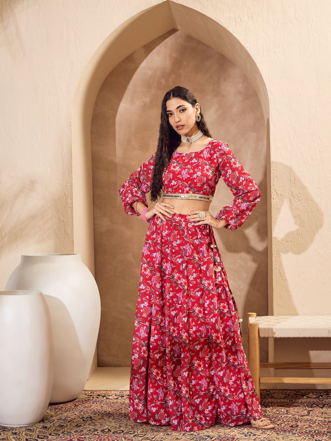 Red Floral Round Neck Crop Top With Anarkali Skirt-Shae by SASSAFRAS