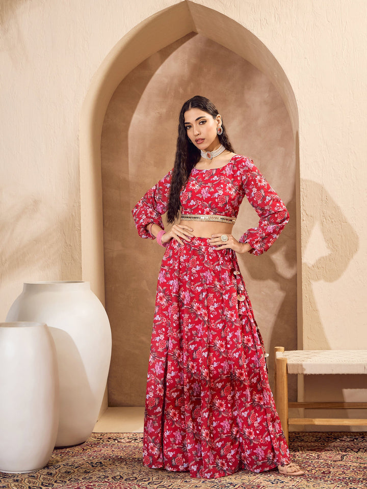 Red Floral Round Neck Crop Top With Anarkali Skirt-Shae by SASSAFRAS