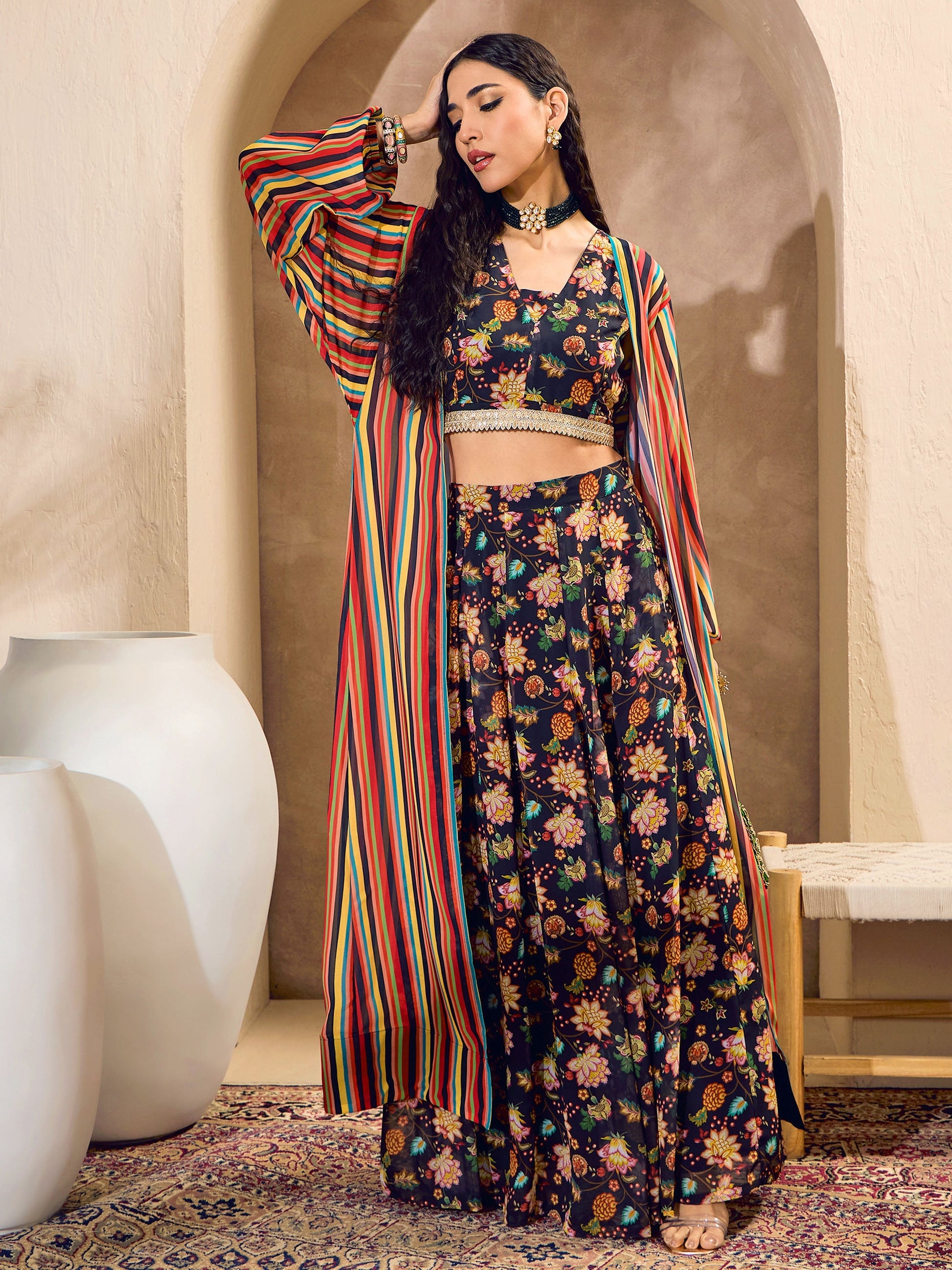 Women's Women Black Floral Crop Top With Anarkali Skirt And Shrug in Georgette by Shae for wholesale, bulk, supplier, manufacturer and wholesaler buyers from Trendphoria