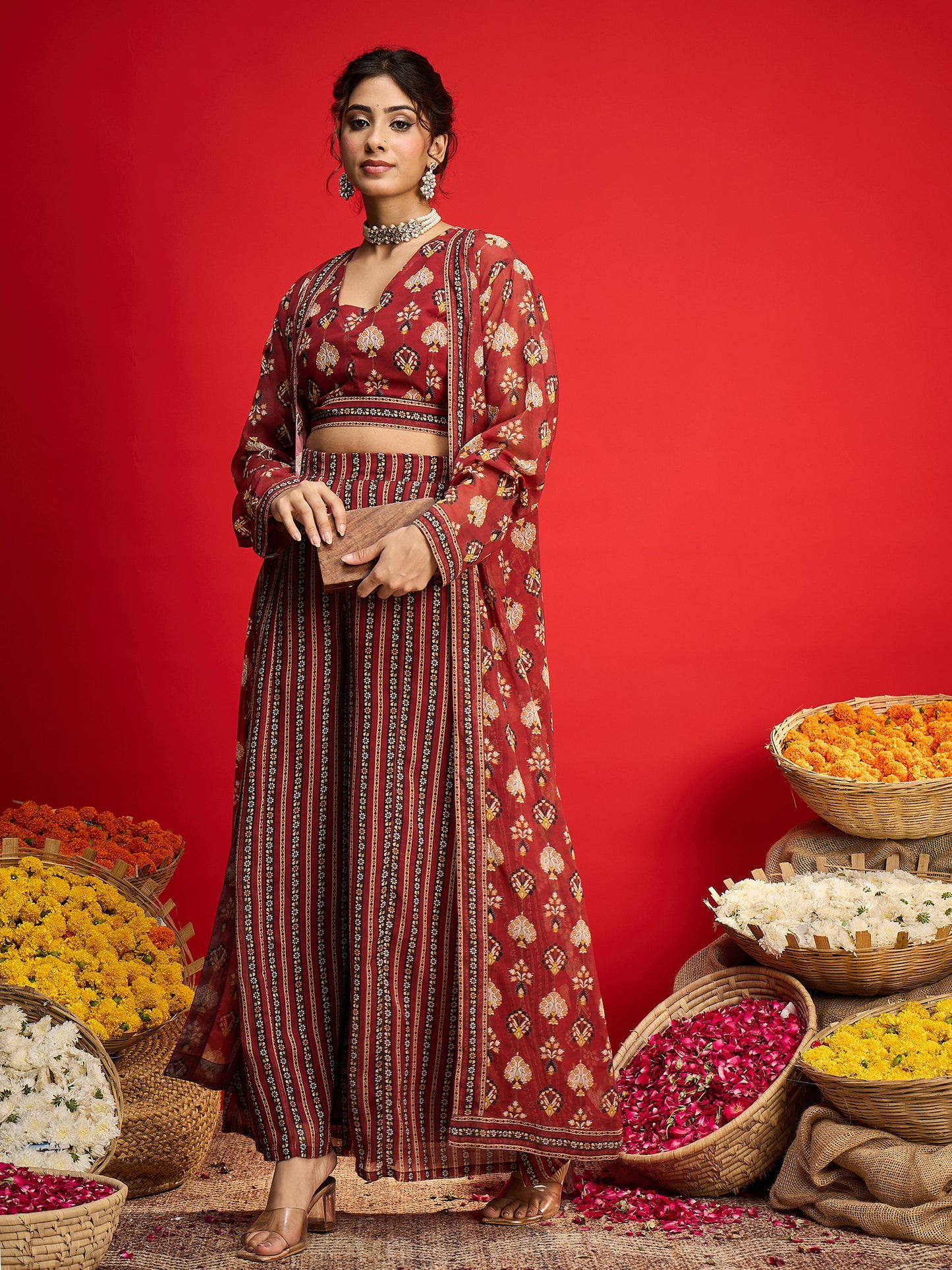 Maroon Floral Crop Top With Palazzo Pants & Shrug