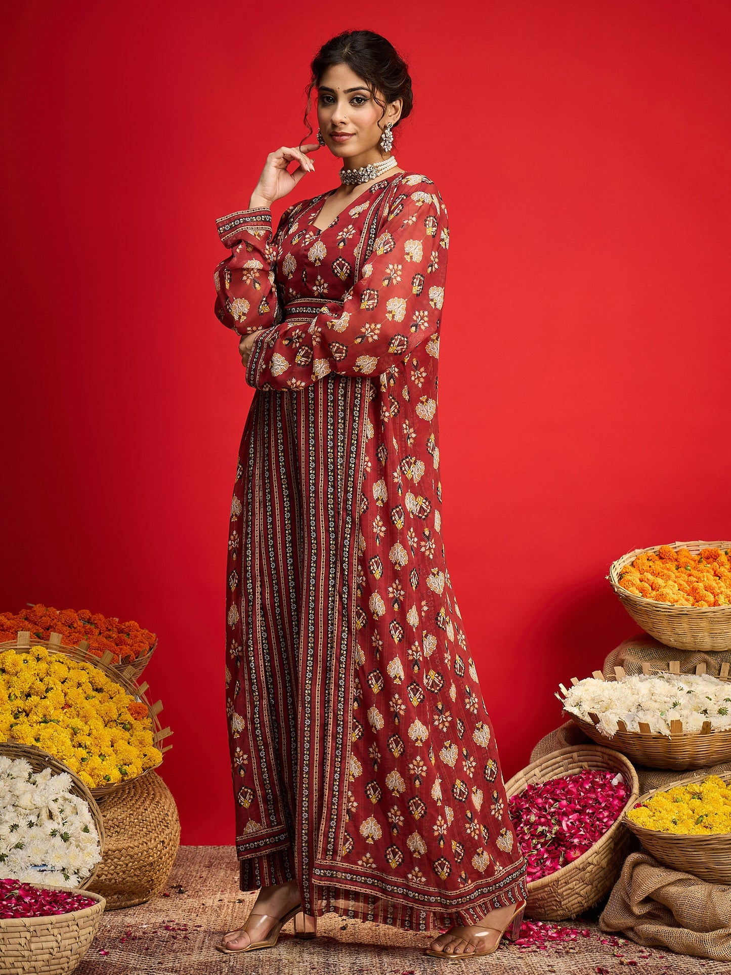 Maroon Floral Crop Top With Palazzo Pants & Shrug