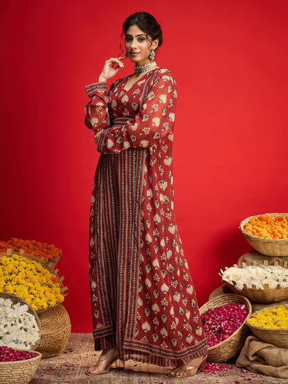 Maroon Floral Crop Top With Palazzo Pants & Shrug