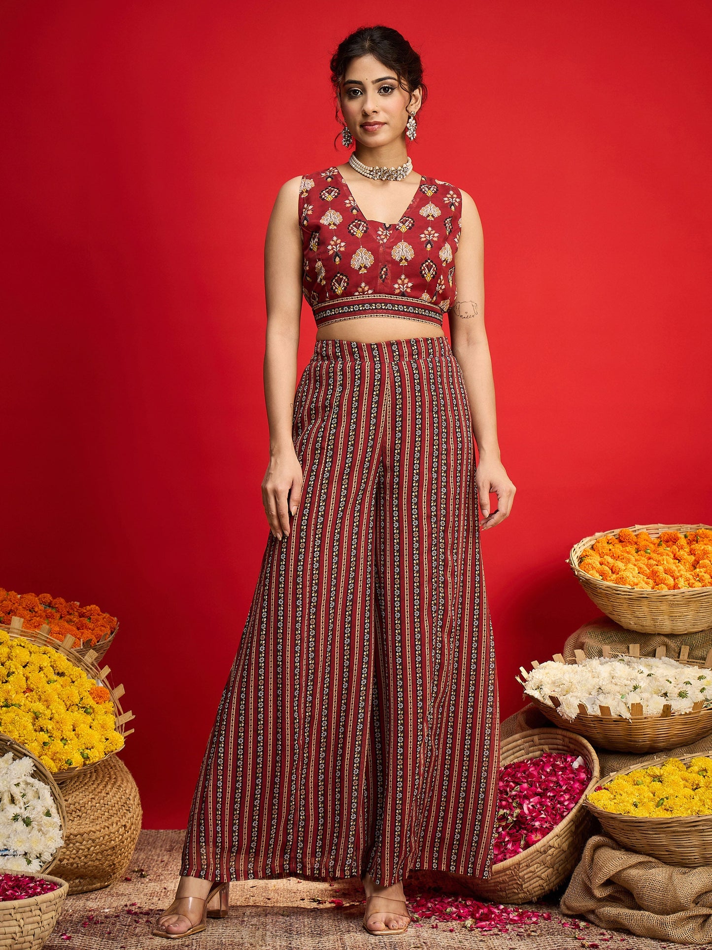 Maroon Floral Crop Top With Palazzo Pants & Shrug