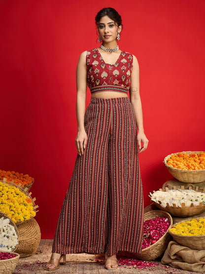 Maroon Floral Crop Top With Palazzo Pants & Shrug