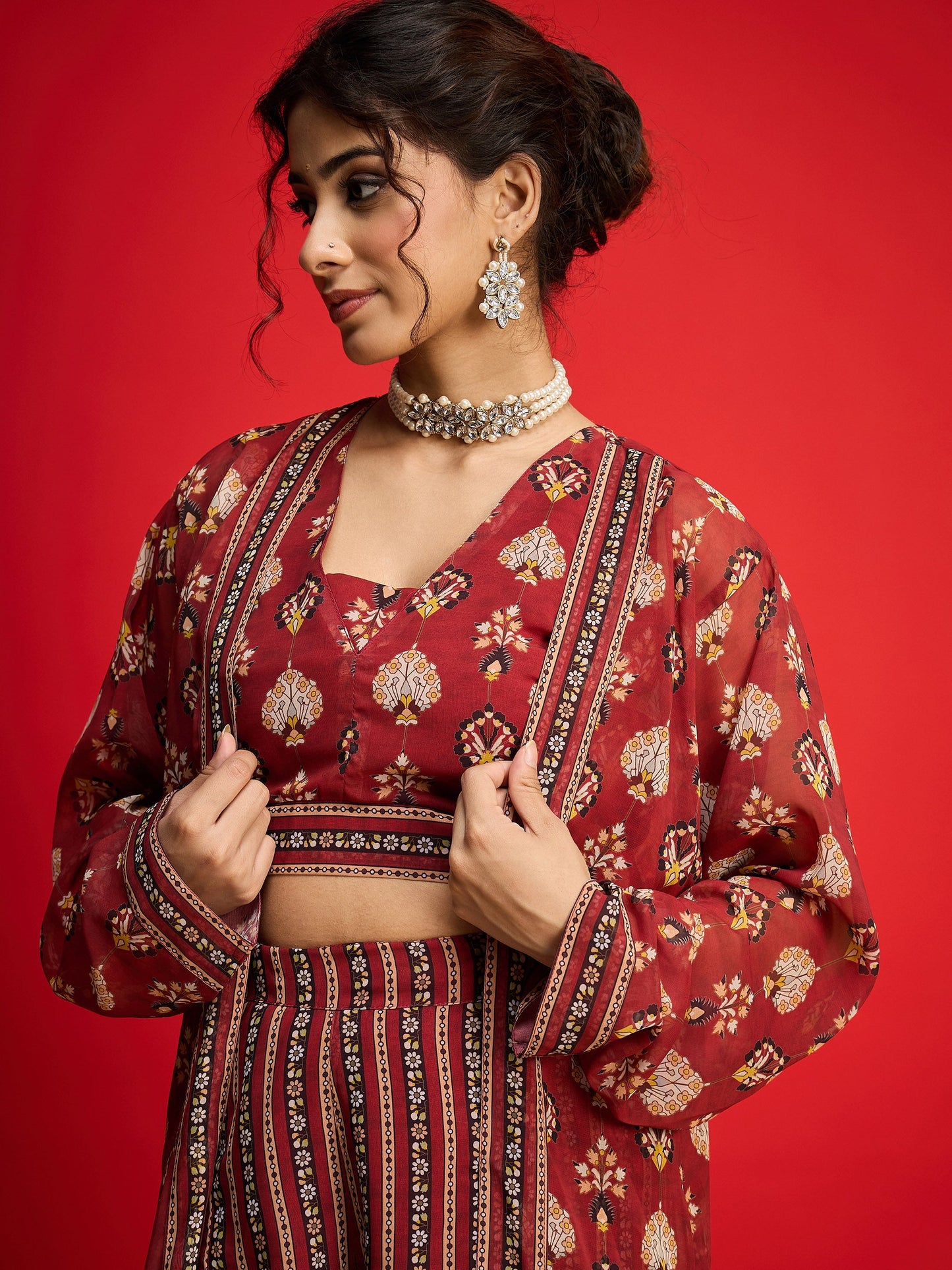 Maroon Floral Crop Top With Palazzo Pants & Shrug