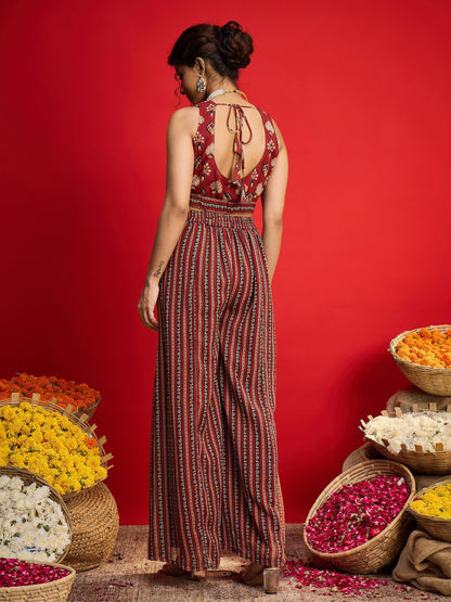Maroon Floral Crop Top With Palazzo Pants & Shrug