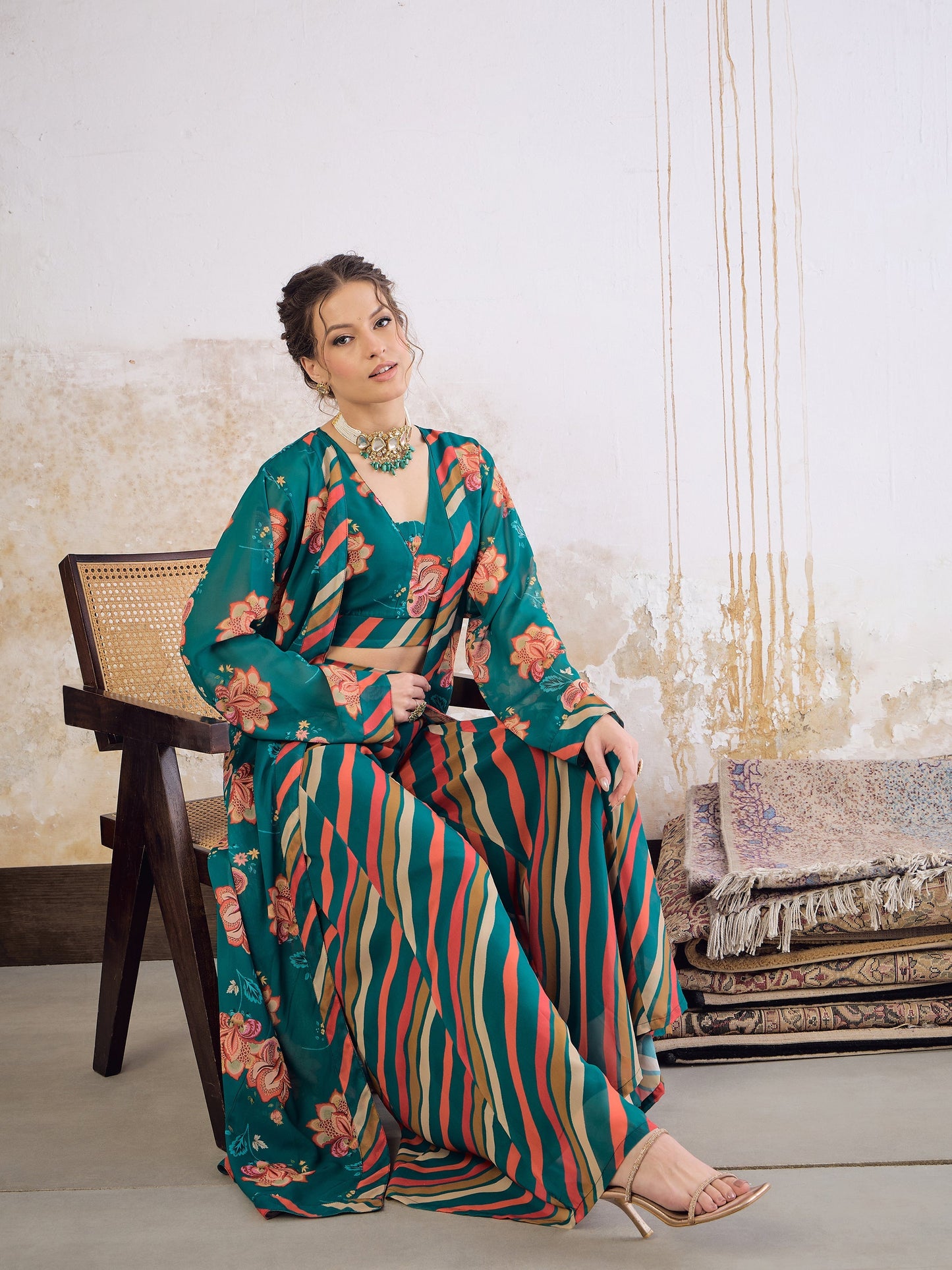 Green Floral Crop Top With Palazzo Pants & Shrug -Shae by SASSAFRAS