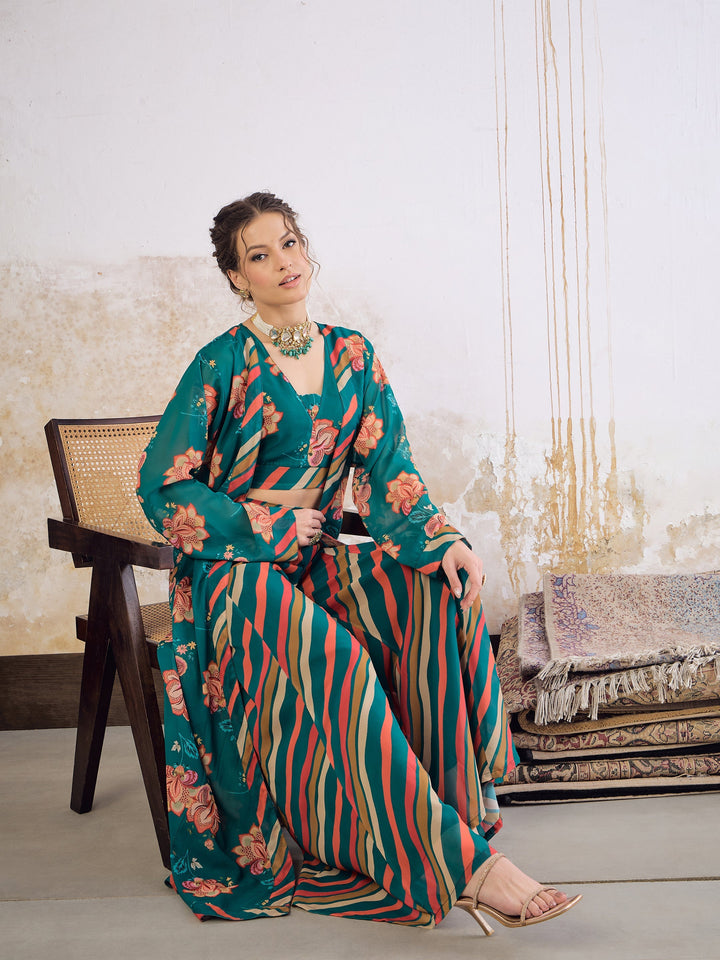 Green Floral Crop Top With Palazzo Pants &amp; Shrug -Shae by SASSAFRAS