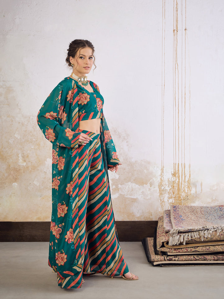 Green Floral Crop Top With Palazzo Pants &amp; Shrug -Shae by SASSAFRAS