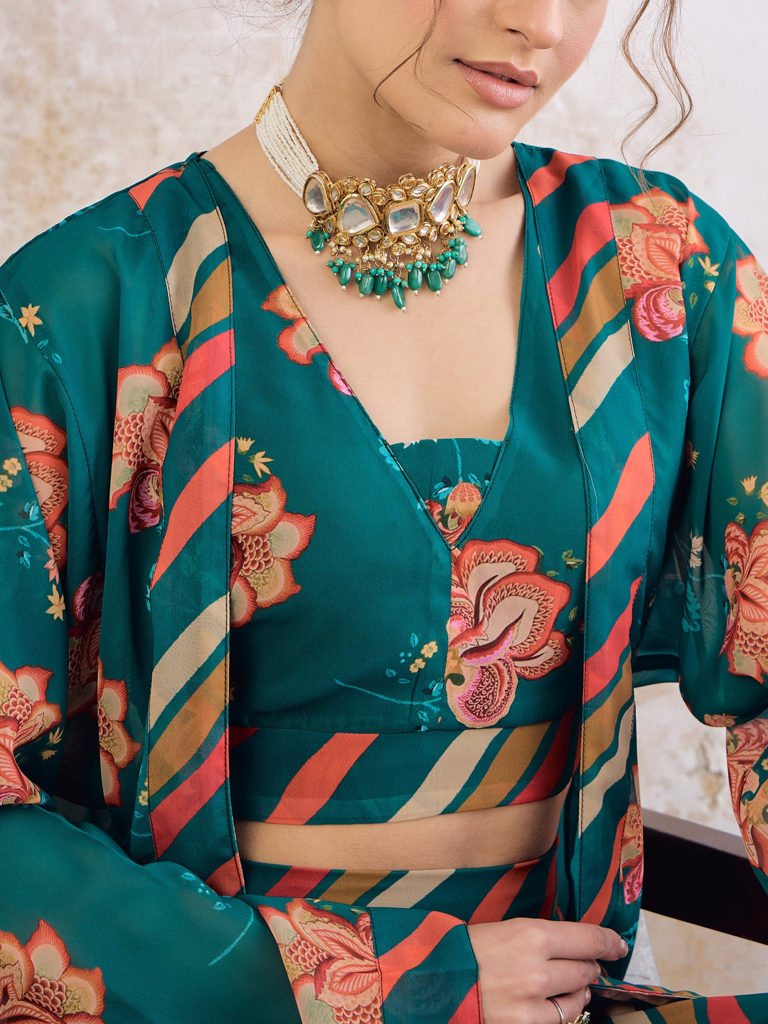 Green Floral Crop Top With Palazzo Pants &amp; Shrug -Shae by SASSAFRAS