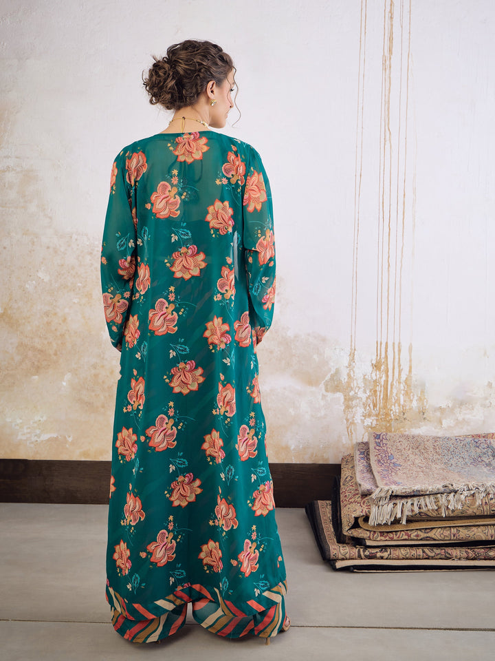 Green Floral Crop Top With Palazzo Pants &amp; Shrug -Shae by SASSAFRAS