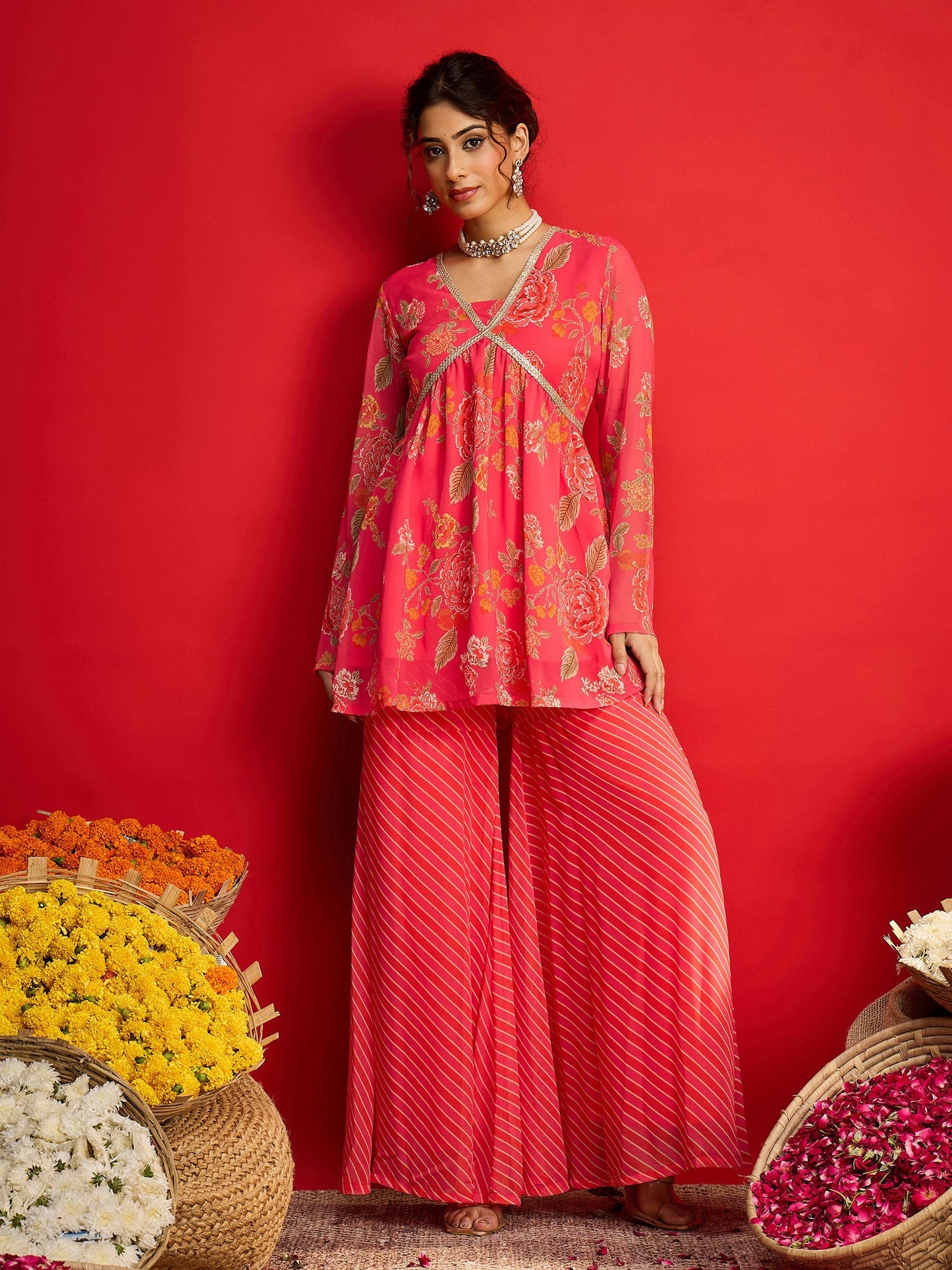 Pink Floral V Neck Peplum Top With Sharara Pants