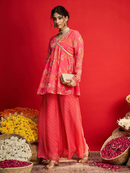 Pink Floral V Neck Peplum Top With Sharara Pants