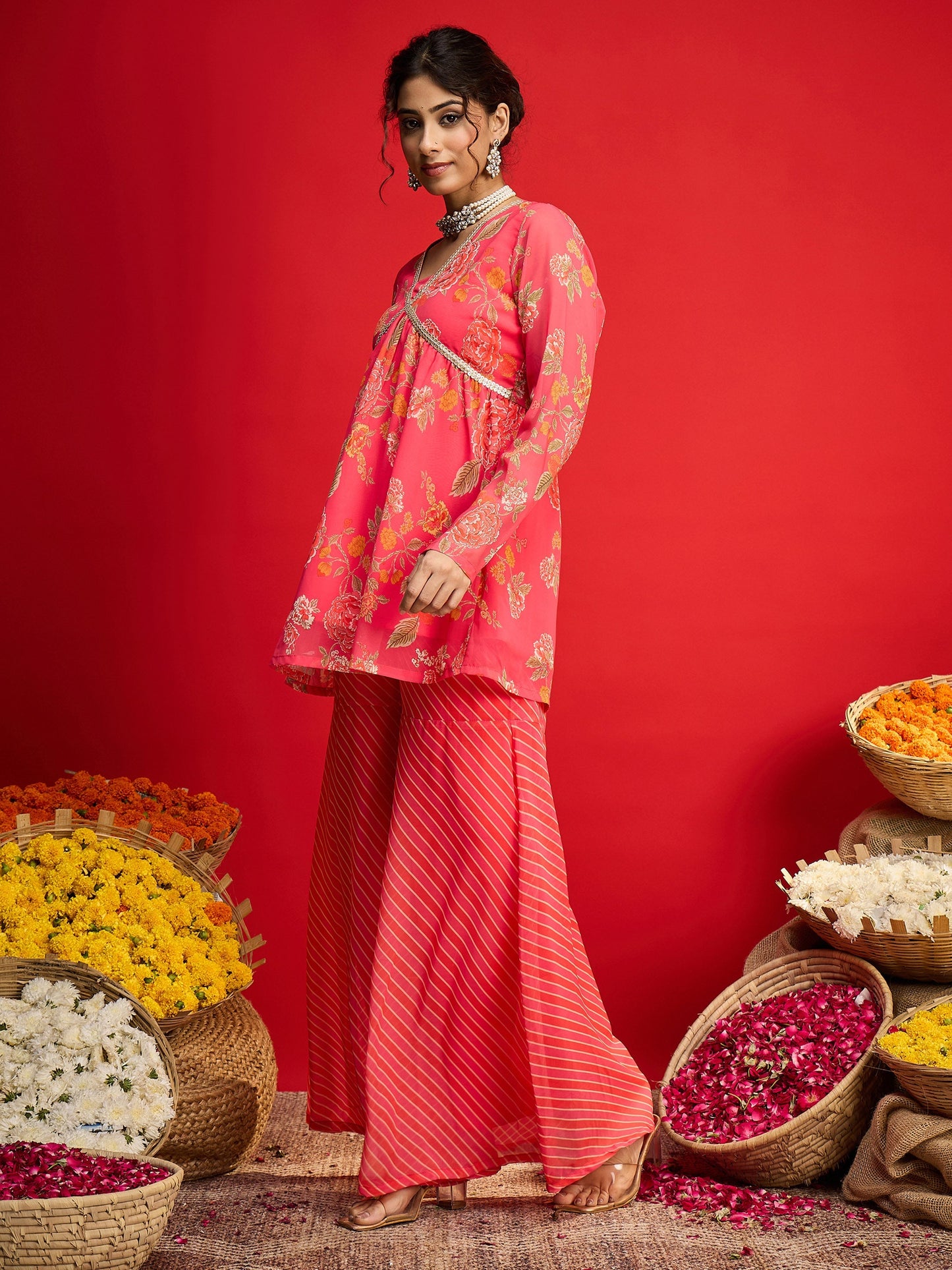 Pink Floral V Neck Peplum Top With Sharara Pants