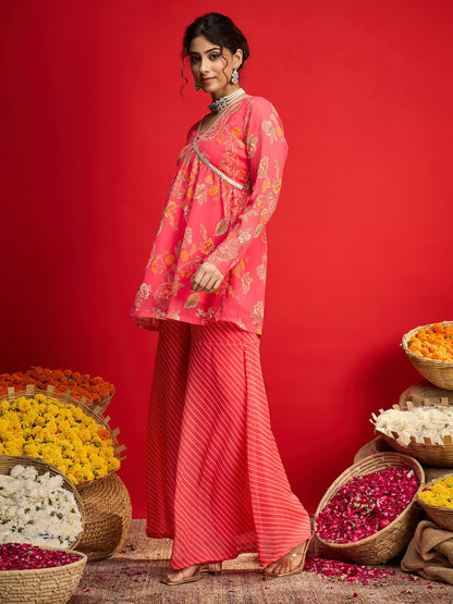 Pink Floral V Neck Peplum Top With Sharara Pants