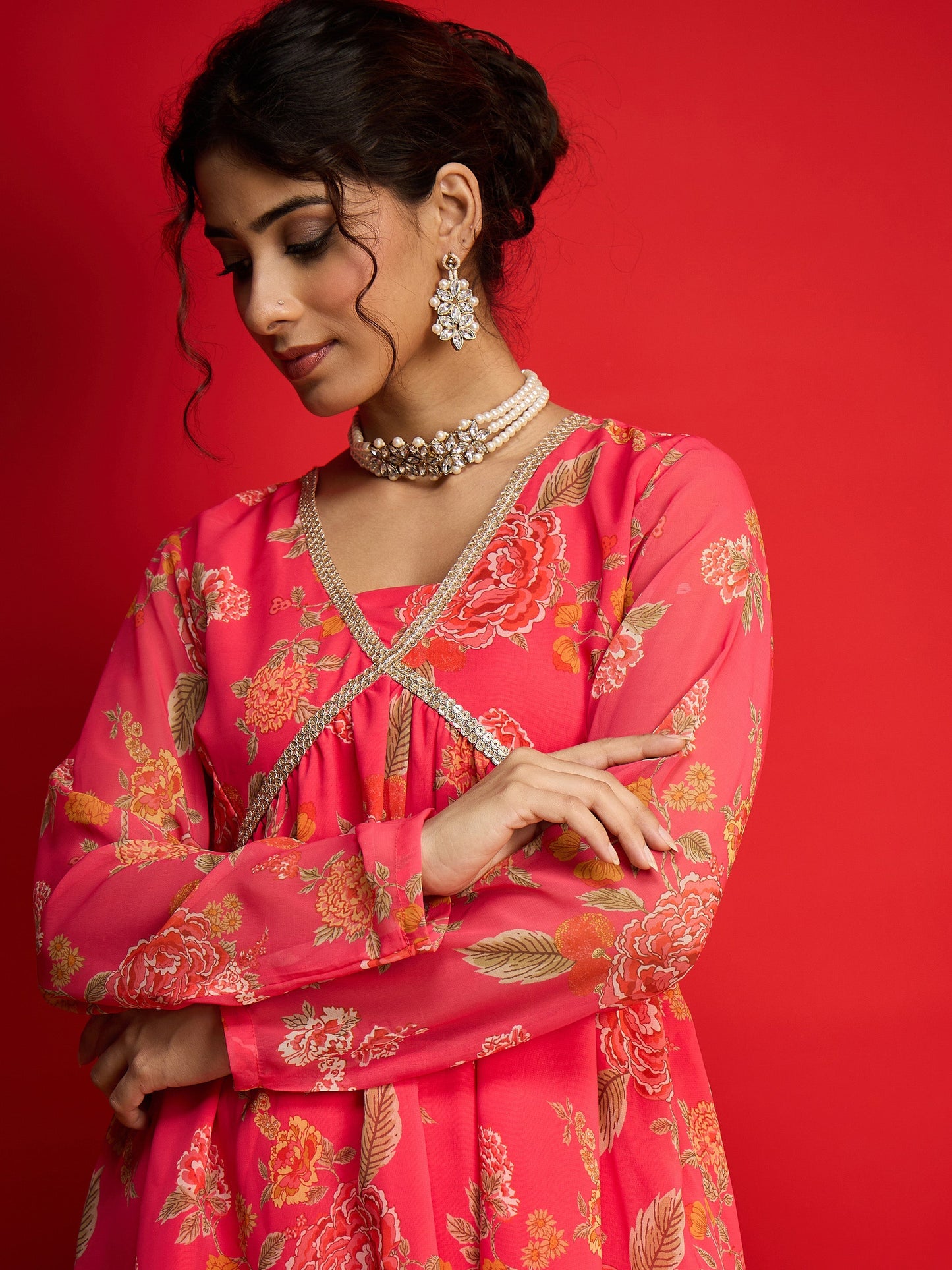 Pink Floral V Neck Peplum Top With Sharara Pants