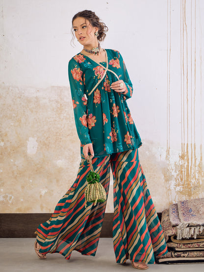 Green Floral V Neck Peplum Top With Sharara Pants-Shae by SASSAFRAS