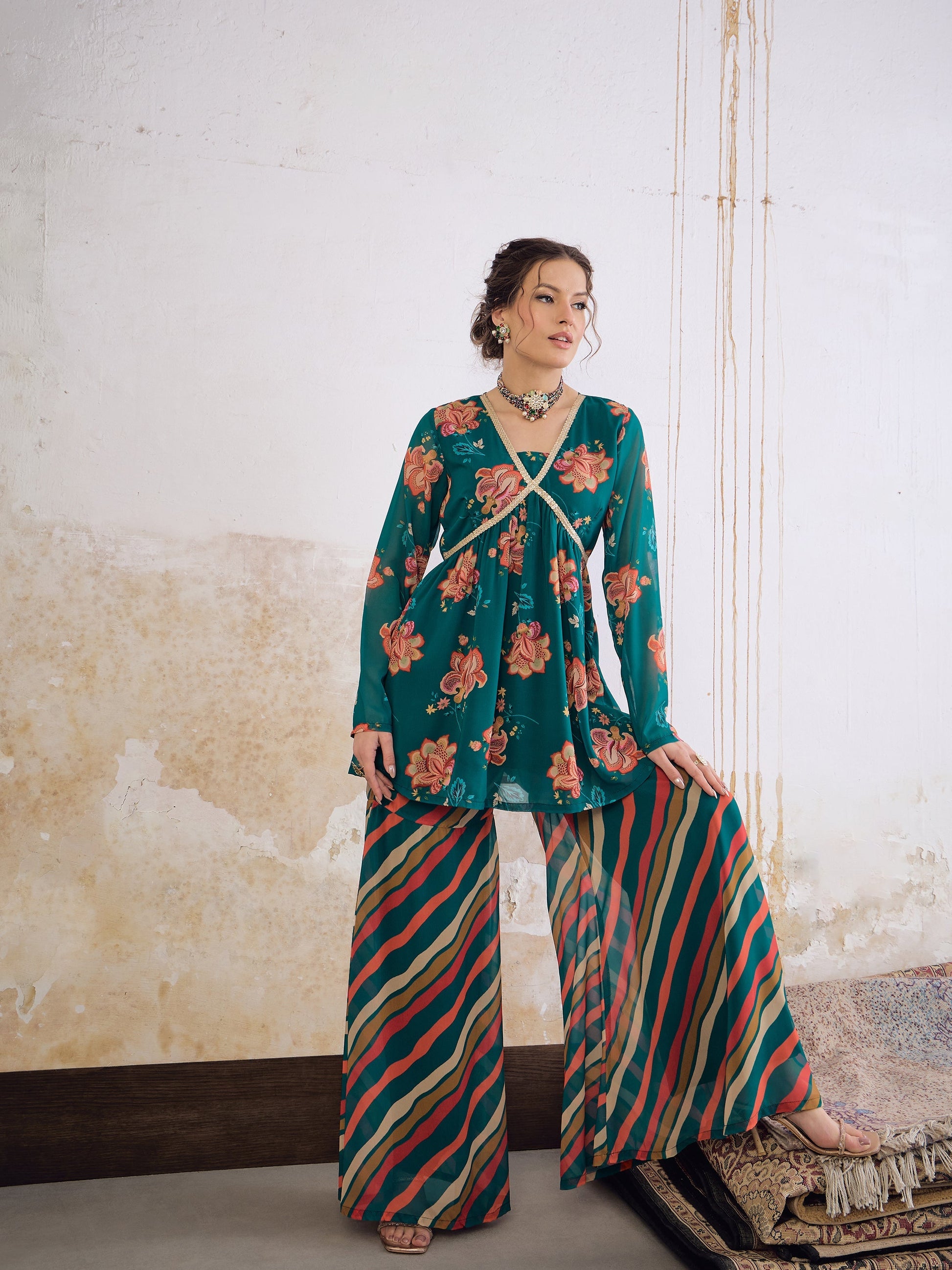 Green Floral V Neck Peplum Top With Sharara Pants-Shae by SASSAFRAS