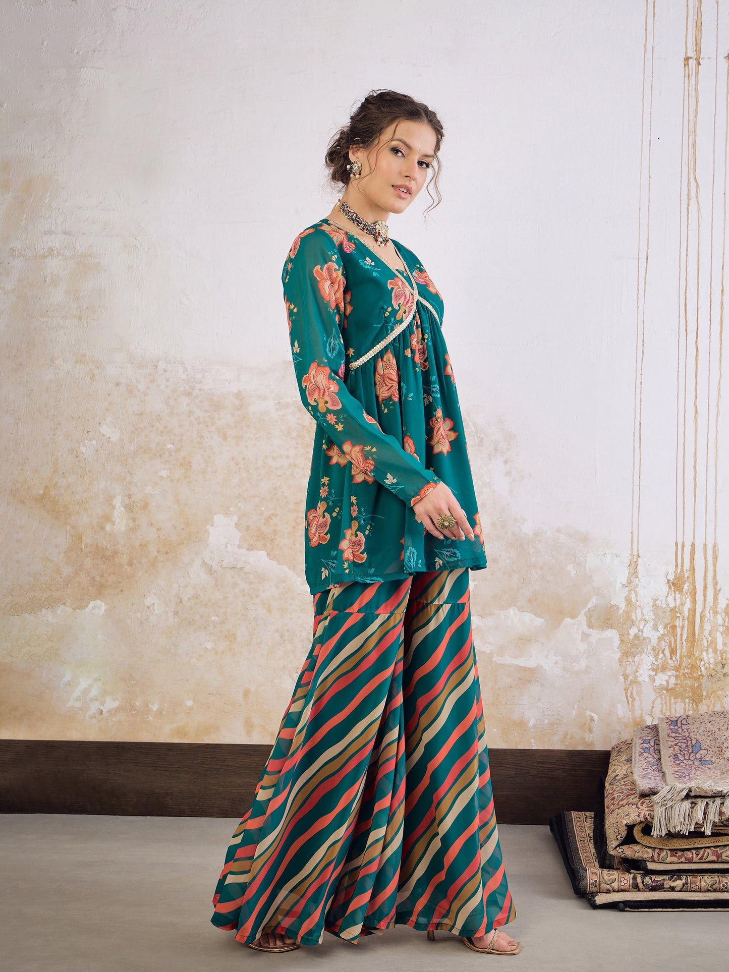 Green Floral V Neck Peplum Top With Sharara Pants-Shae by SASSAFRAS