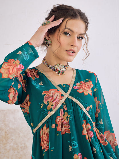 Green Floral V Neck Peplum Top With Sharara Pants-Shae by SASSAFRAS