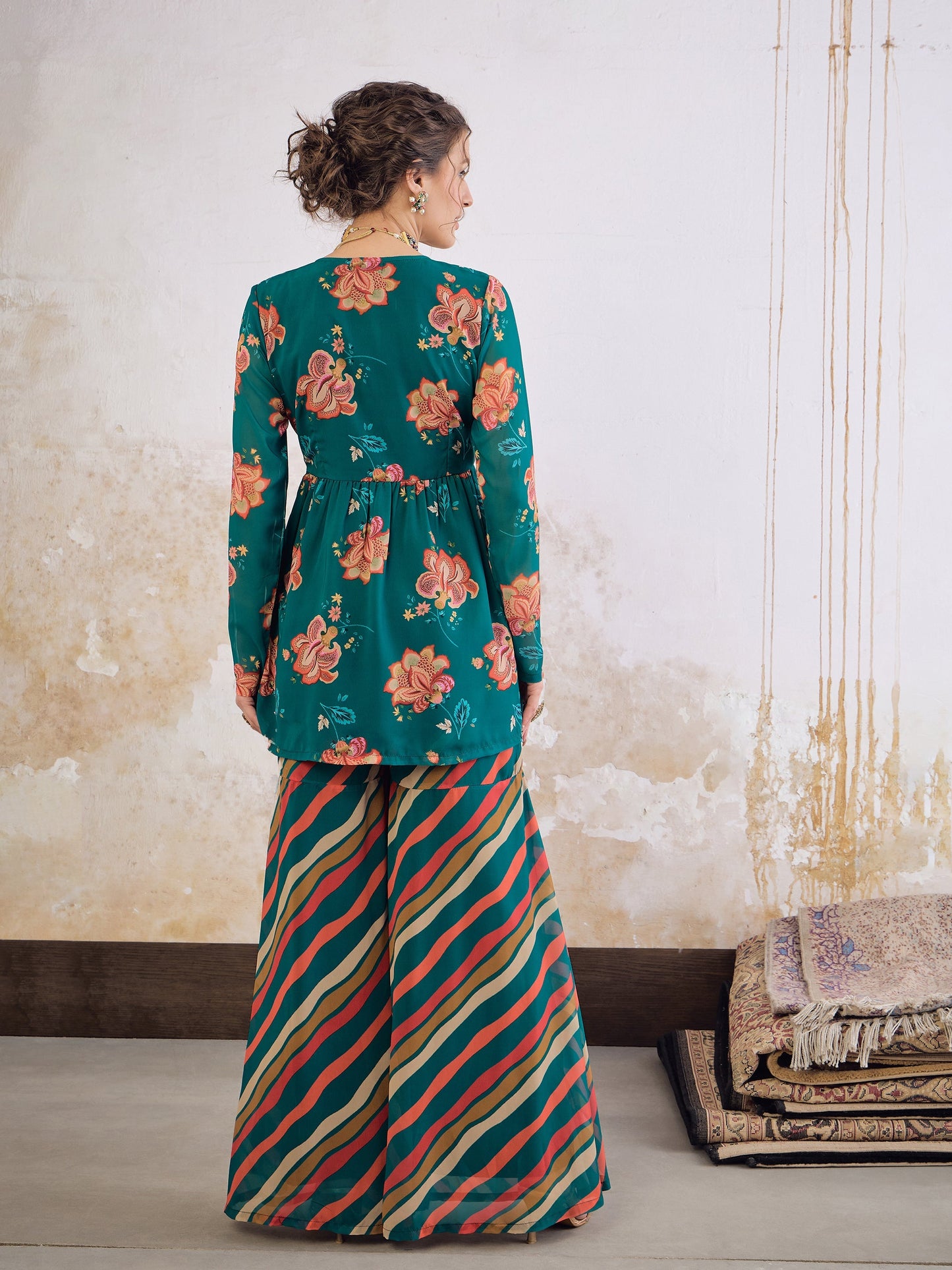 Green Floral V Neck Peplum Top With Sharara Pants-Shae by SASSAFRAS