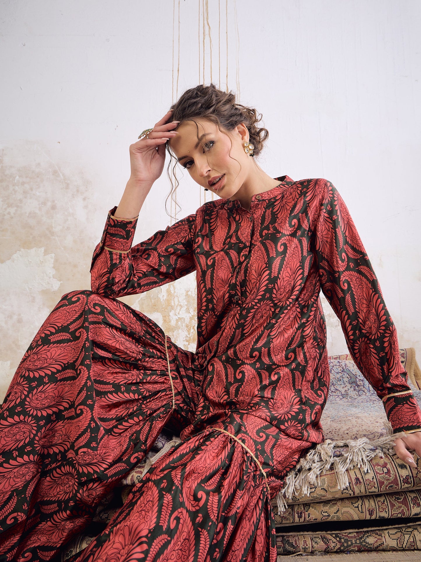 Emerald Kasturi Crepe Front Button Top With Sharara Pants
