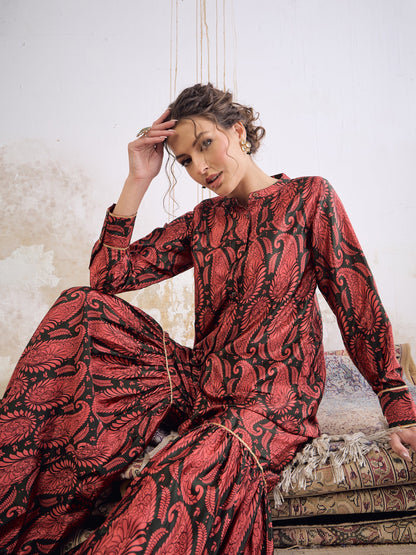 Emerald Kasturi Crepe Front Button Top With Sharara Pants
