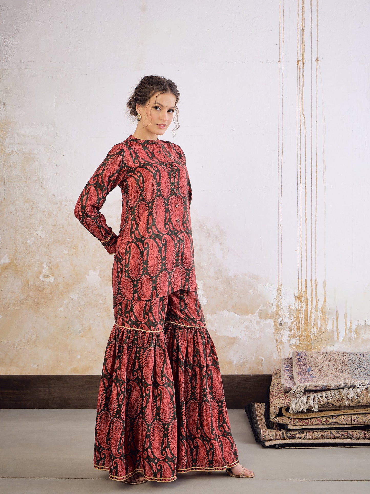 Emerald Kasturi Crepe Front Button Top With Sharara Pants